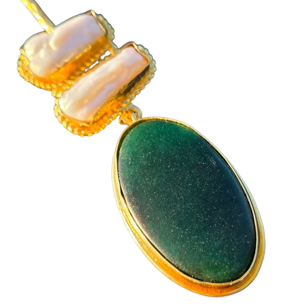 18k Gold Plated Green Adventurine Pyrite Freshwater Pearl Torque Necklace - Picture 4 of 6